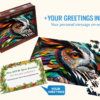 Wooden hexagonal puzzle with a colorful owl illustration, gift box, scattered puzzle pieces, and a personalized wooden greeting card inside.