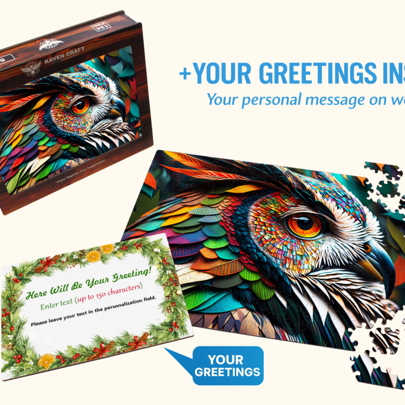Wooden hexagonal puzzle with a colorful owl illustration, gift box, scattered puzzle pieces, and a personalized wooden greeting card inside.