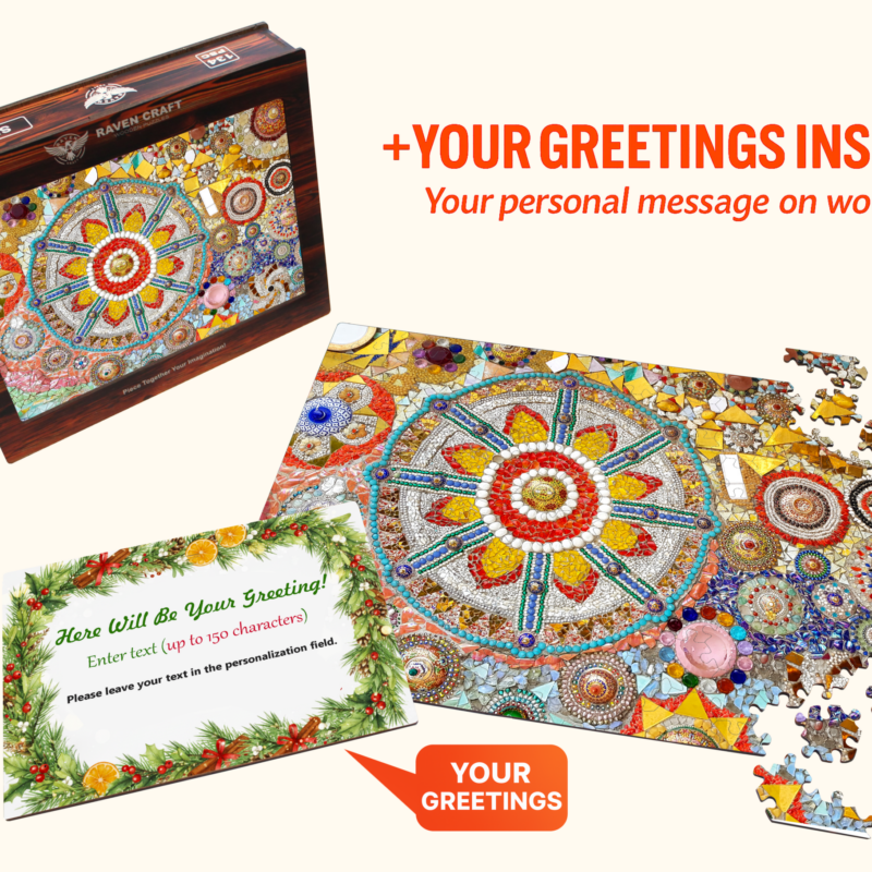 Wooden jigsaw puzzle set with a colorful mosaic mandala design, showing the puzzle box, assembled puzzle, loose wooden pieces, and a personalized wooden greeting card with custom message option.