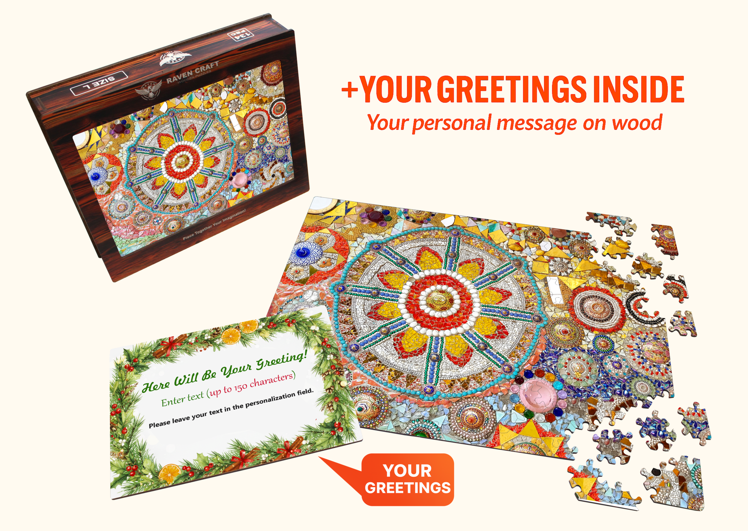 Wooden jigsaw puzzle set with a colorful mosaic mandala design, showing the puzzle box, assembled puzzle, loose wooden pieces, and a personalized wooden greeting card with custom message option.