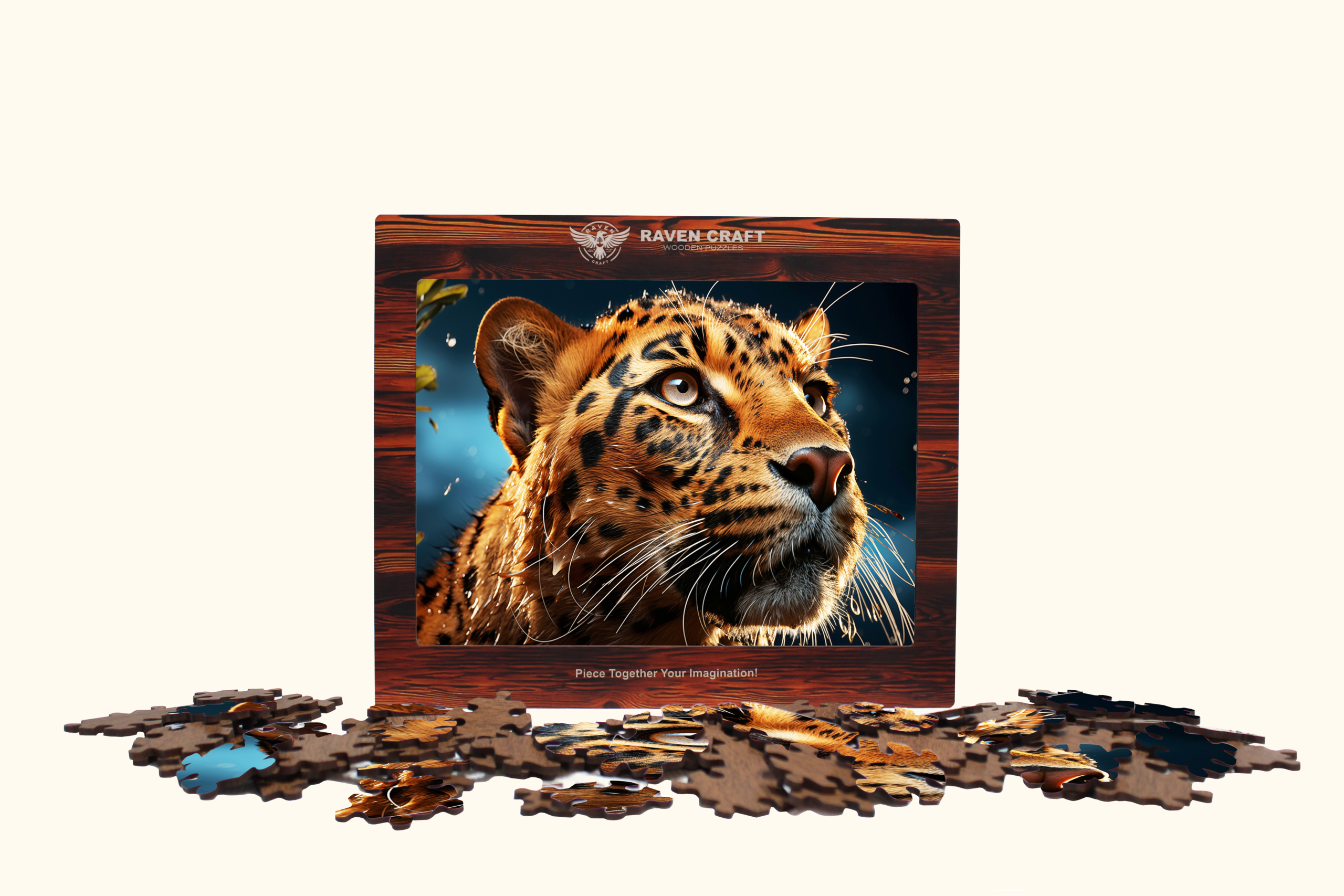 Wooden leopard puzzle displayed in a premium wooden gift box with realistic artwork and scattered laser-cut puzzle pieces in front.