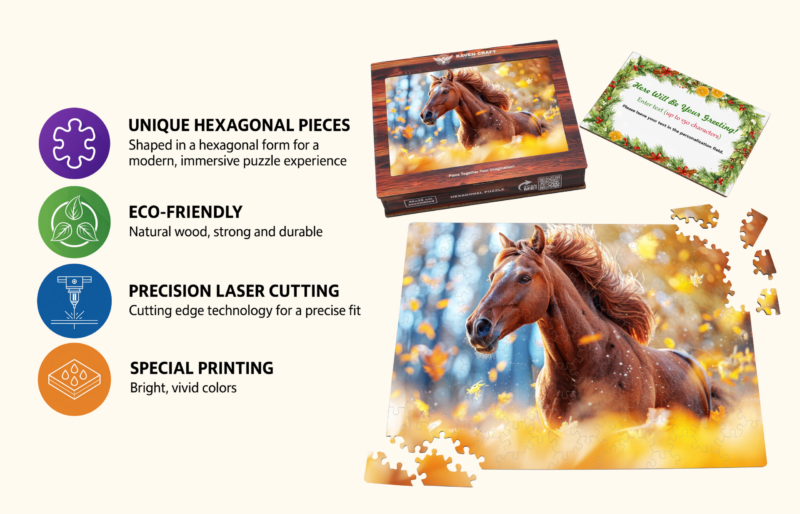 Wooden hexagonal horse puzzle with vivid artwork, eco-friendly materials, precision laser-cut pieces, special printing, gift box, and personalized greeting card.