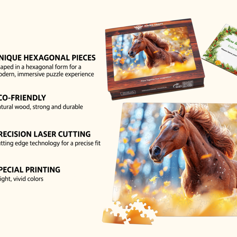 Wooden hexagonal horse puzzle with vivid artwork, eco-friendly materials, precision laser-cut pieces, special printing, gift box, and personalized greeting card.