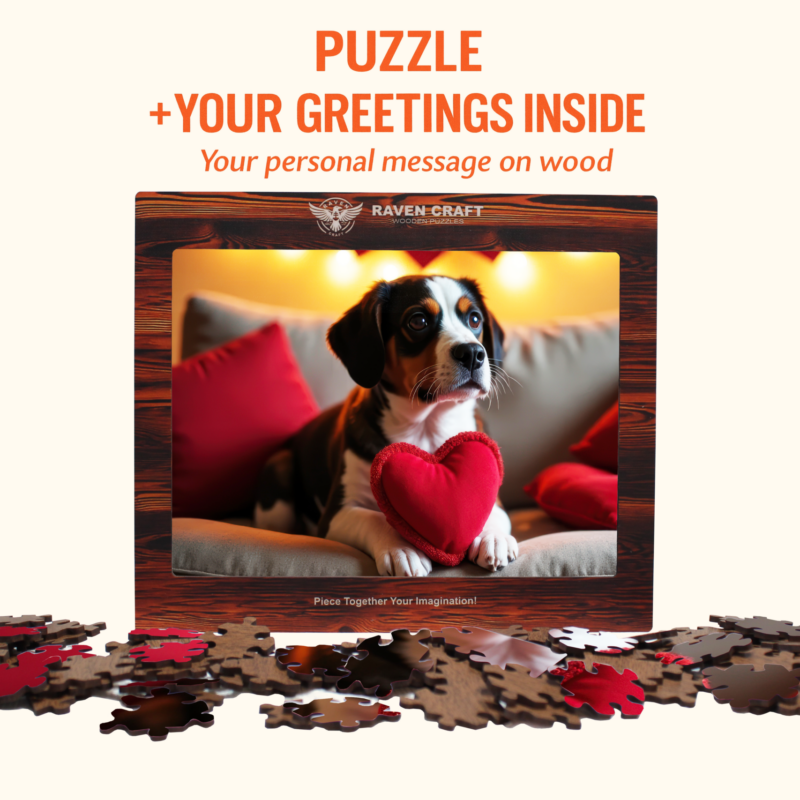 Wooden jigsaw puzzle gift with a personalized greeting inside, featuring a cute puppy holding a red heart in a wooden frame.