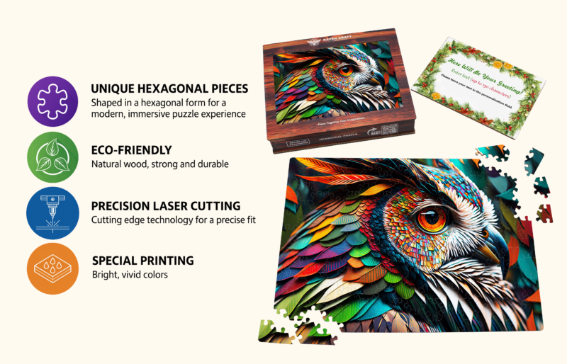 Wooden hexagonal owl puzzle with colorful artwork, eco-friendly materials, precision laser-cut pieces, special vivid printing, gift box, and personalized greeting card.