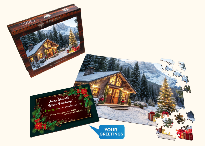 Wooden jigsaw puzzle set with winter cabin scene, puzzle box, assembled puzzle, loose wooden pieces, and a personalized Christmas greeting card.