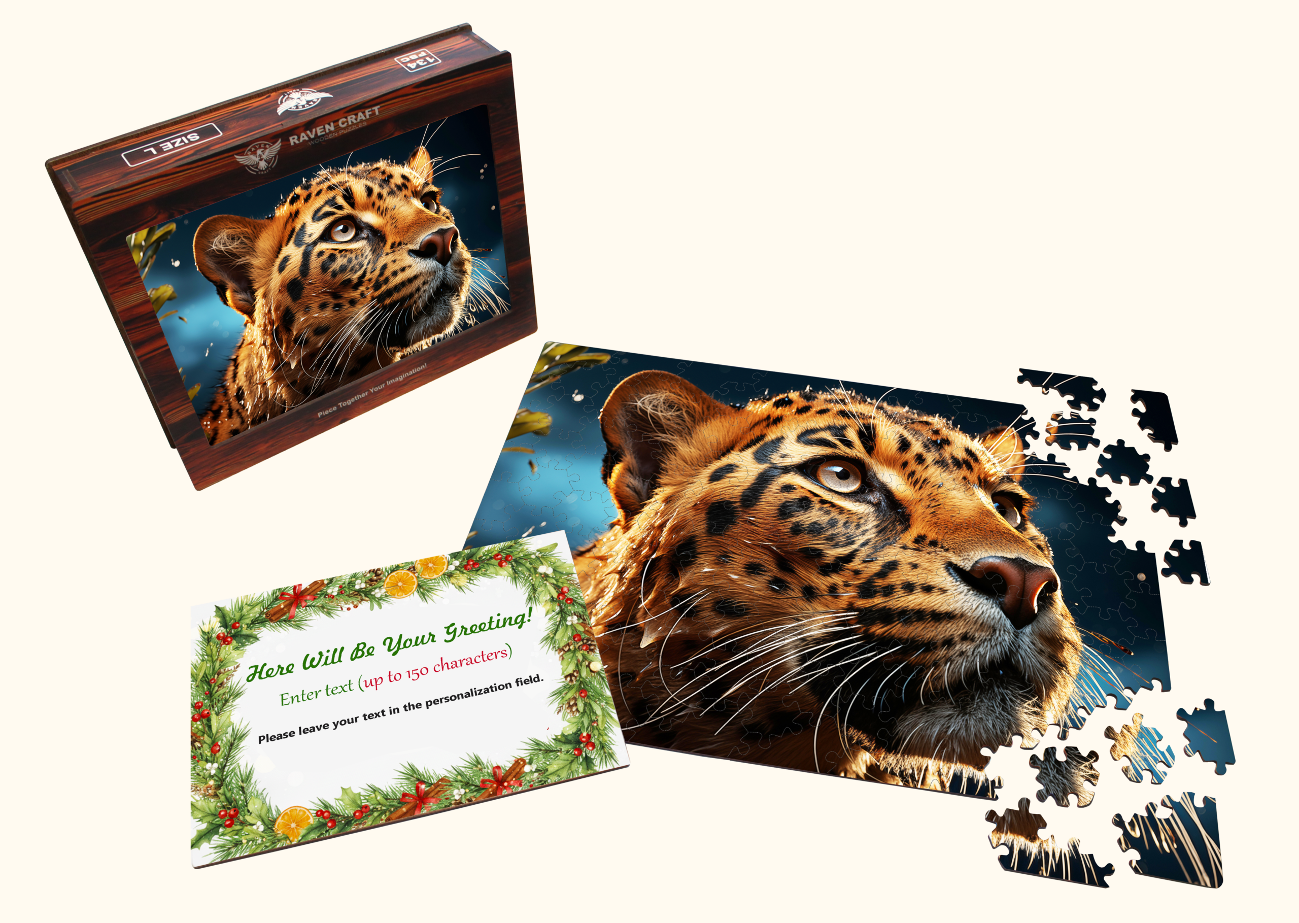 Wooden leopard puzzle with realistic artwork, shown with a premium gift box, scattered laser-cut pieces, and a personalized greeting card.
