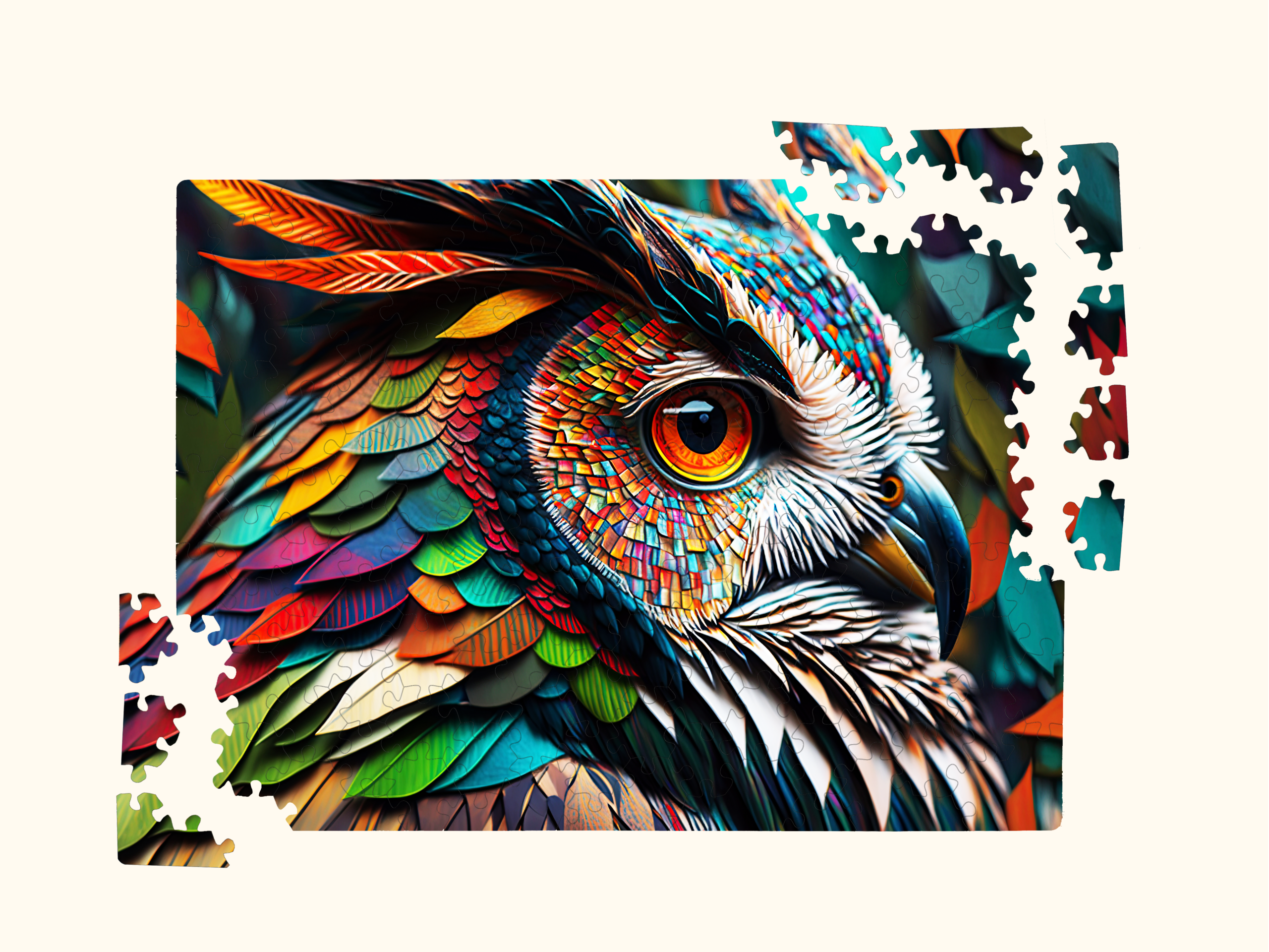 Close-up of a wooden puzzle with a vibrant owl illustration, showing detailed laser-cut pieces and rich, colorful feathers.