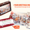 Wooden hexagon puzzle with a cozy winter village scene, gift box packaging, and a personalized wooden greeting card included.