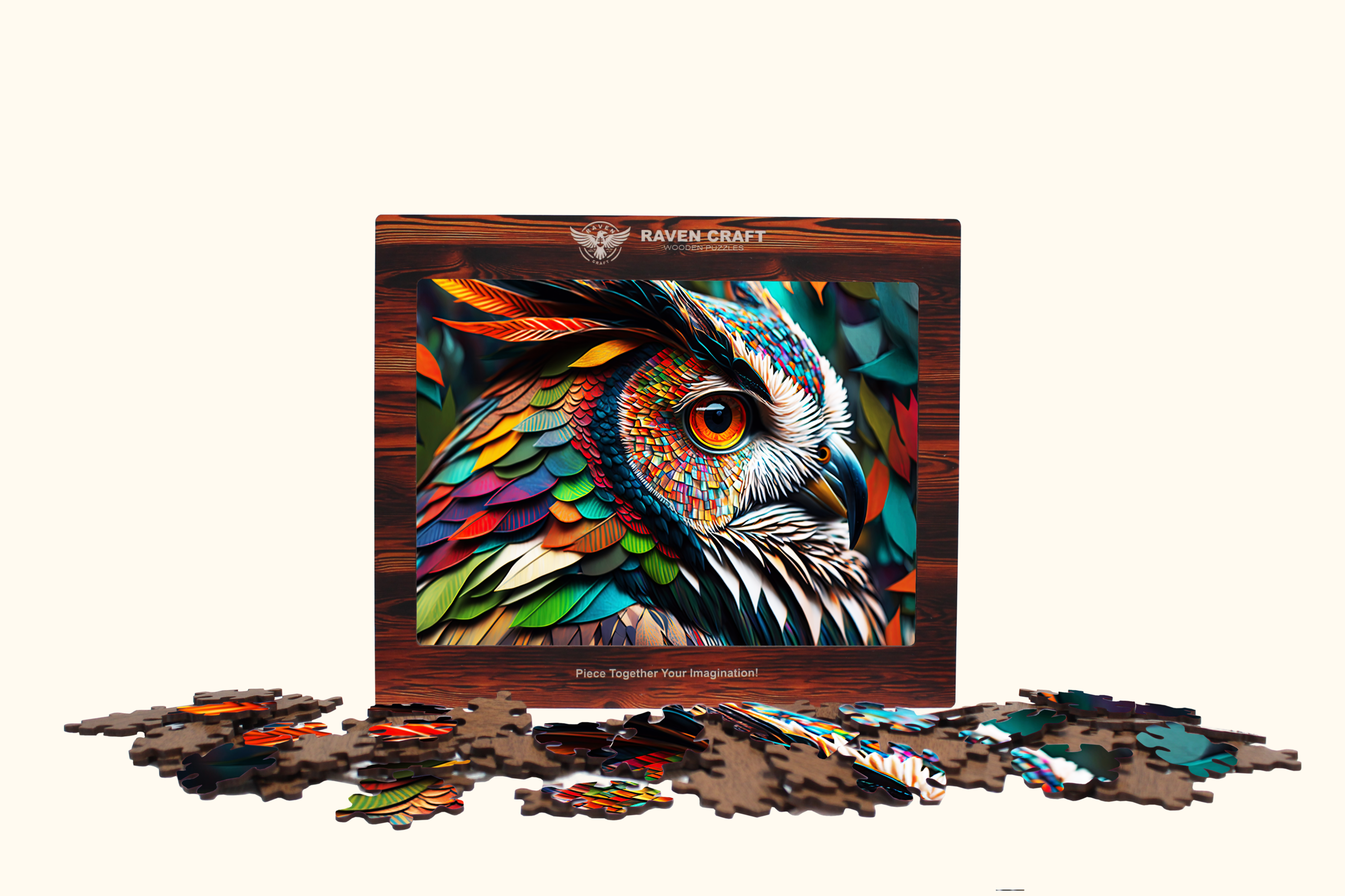 Wooden owl puzzle displayed in a wooden frame-style gift box with colorful artwork and scattered laser-cut puzzle pieces in front.