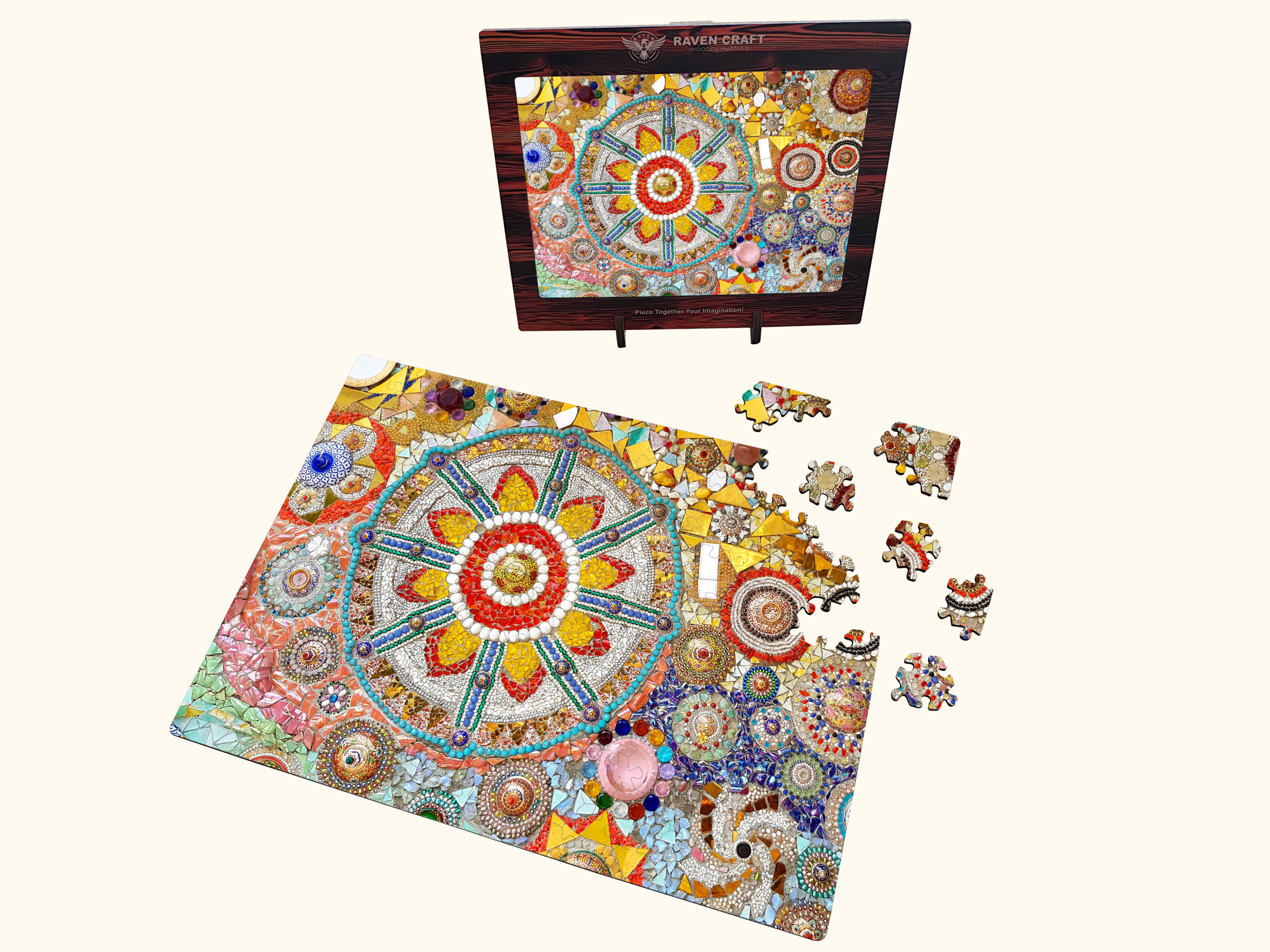 Wooden jigsaw puzzle with a colorful mosaic mandala design, shown partially assembled with loose laser-cut pieces and the finished puzzle displayed upright on a stand.