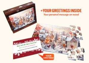 Wooden hexagon puzzle with a cozy winter village scene, gift box packaging, and a personalized wooden greeting card included.