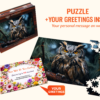 Wooden jigsaw puzzle with an owl illustration, puzzle box, assembled puzzle, loose pieces, and a personalized wooden greeting card displayed together.