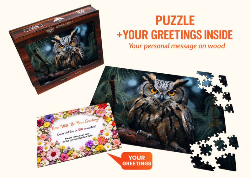 Wooden jigsaw puzzle with an owl illustration, puzzle box, assembled puzzle, loose pieces, and a personalized wooden greeting card displayed together.