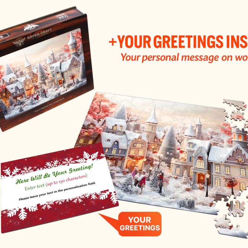 Wooden hexagon puzzle with a cozy winter village scene, gift box packaging, and a personalized wooden greeting card included.