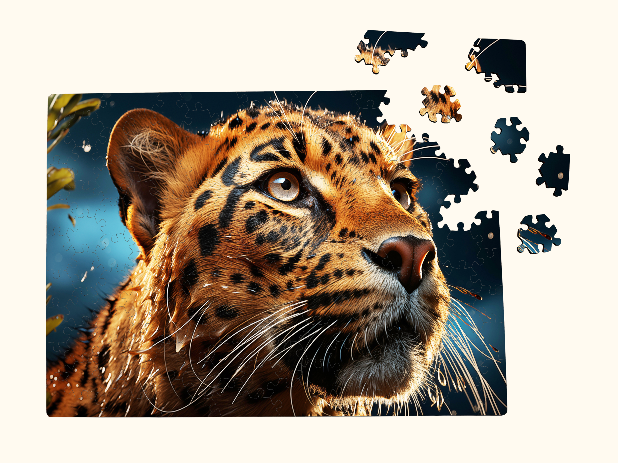 Close-up of a wooden leopard puzzle with detailed fur texture, realistic artwork, and several loose laser-cut puzzle pieces nearby.