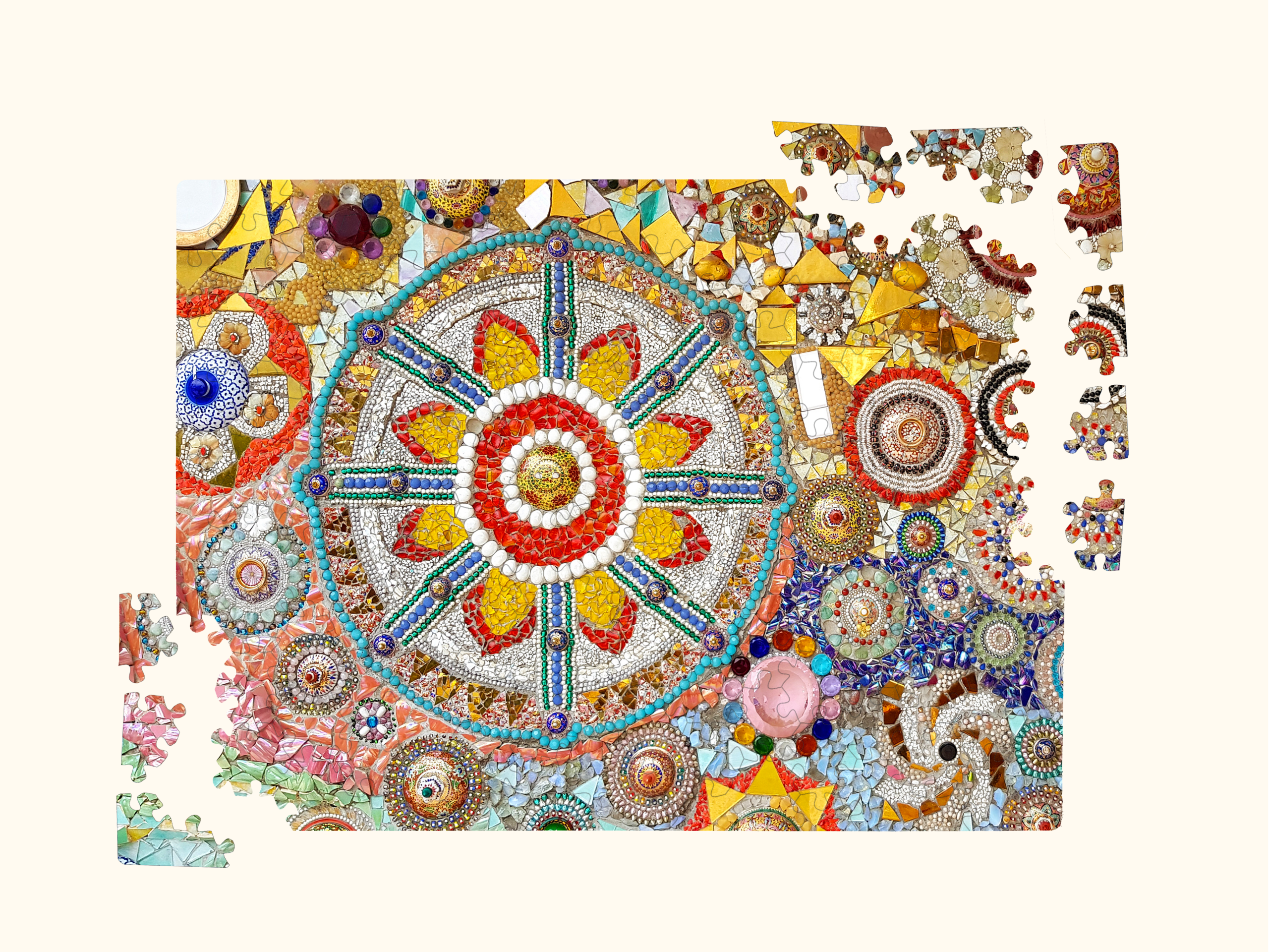 Partially assembled wooden jigsaw puzzle with a colorful mosaic mandala design, showing intricate patterns and several loose laser-cut wooden pieces on a light background.