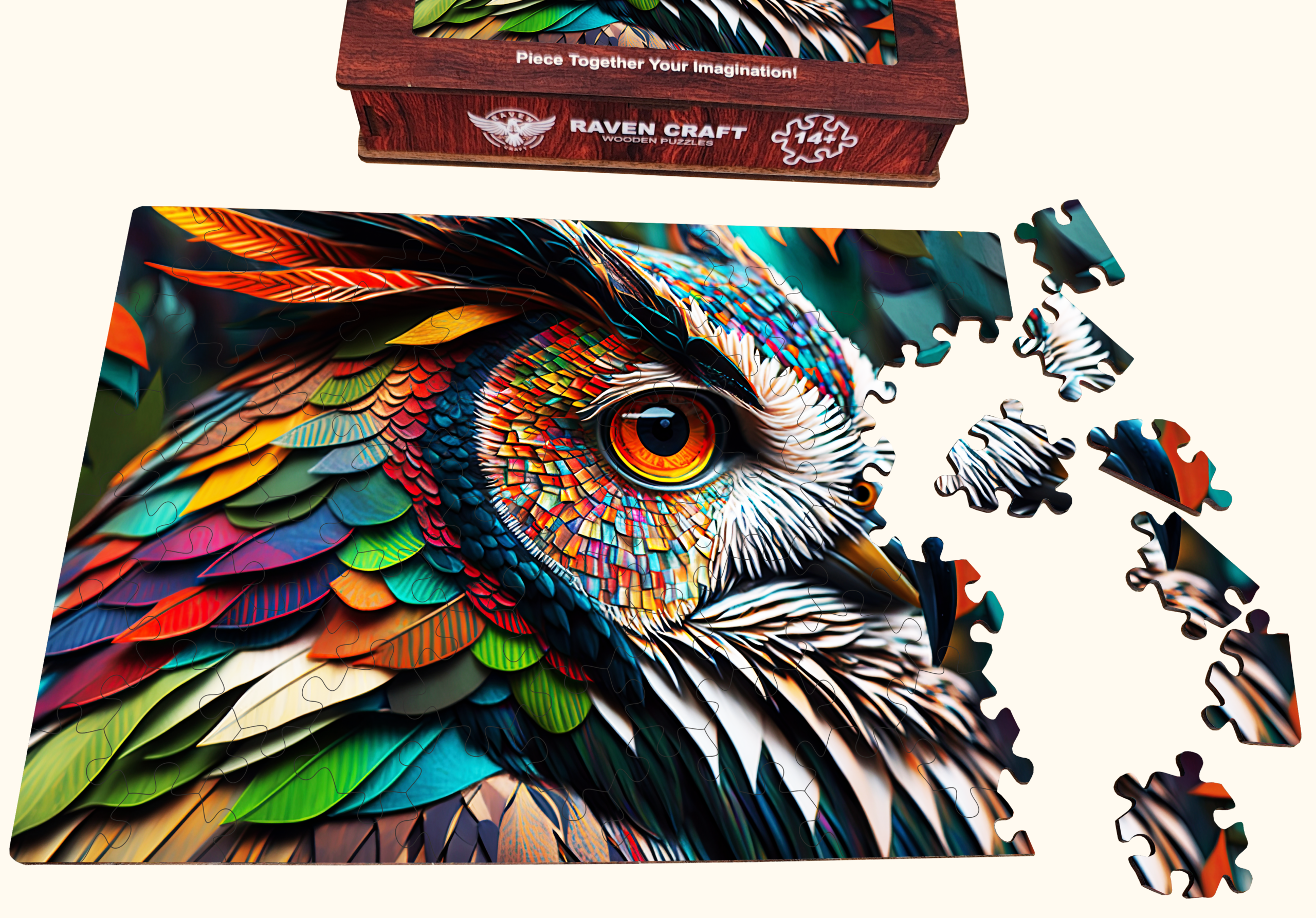 Partially assembled wooden owl puzzle with vivid multicolored feathers, loose precision-cut pieces on the side, and a branded wooden gift box above.