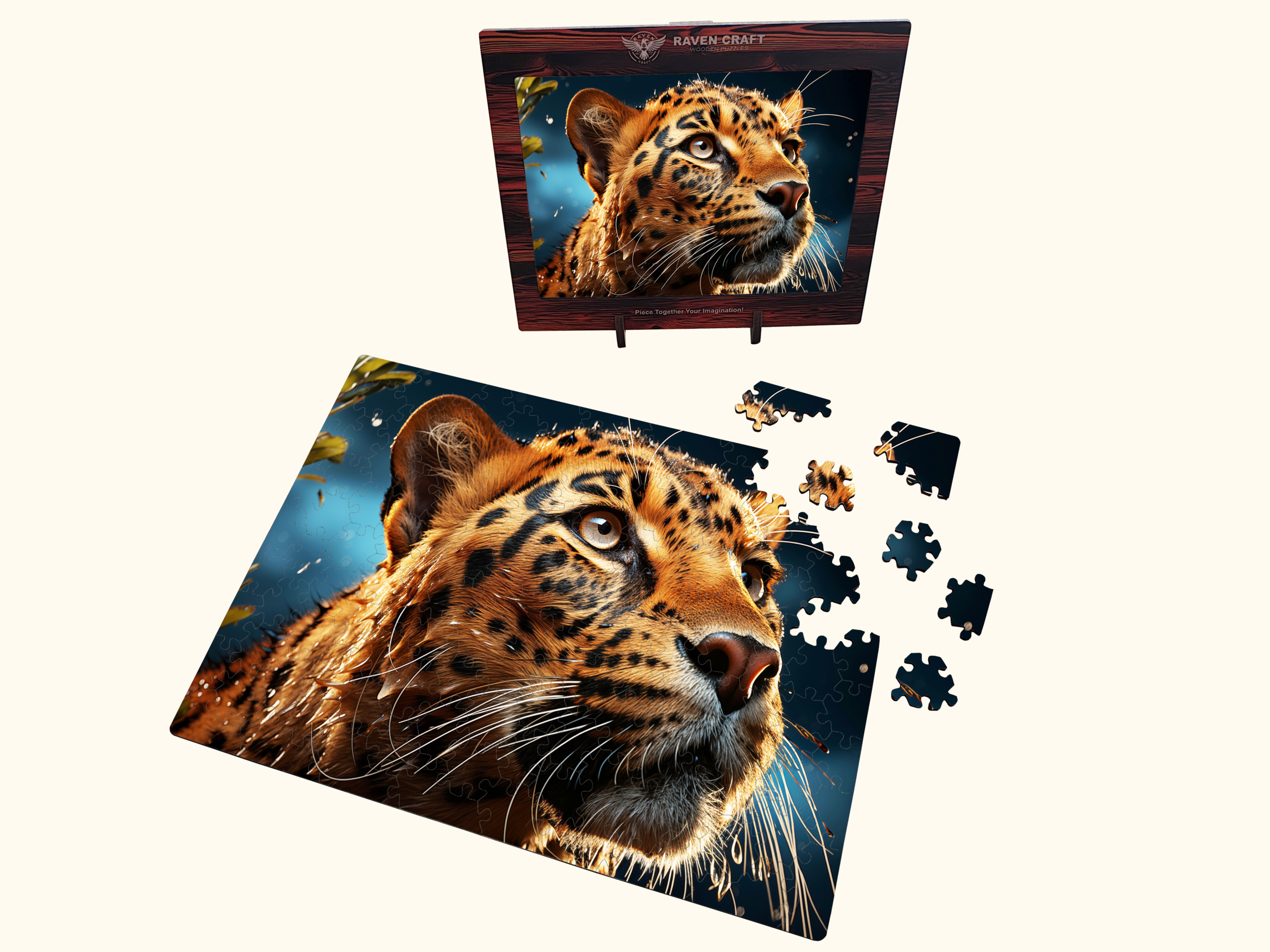 Wooden leopard puzzle partially assembled with realistic artwork, loose laser-cut pieces nearby, and a framed wooden display box shown above.