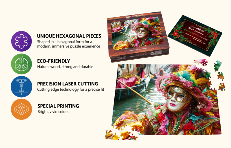 Wooden hexagonal jigsaw puzzle set with Venetian carnival mask artwork, showing eco-friendly materials, precision laser-cut pieces, vivid colors, the puzzle box, assembled puzzle, loose pieces, and a personalized greeting card.