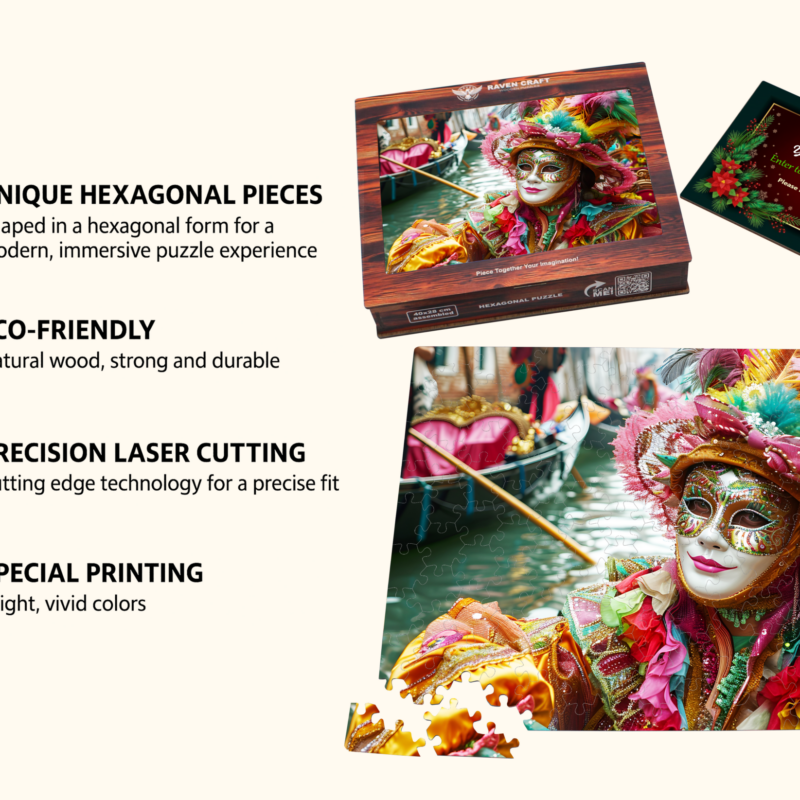 Wooden hexagonal jigsaw puzzle set with Venetian carnival mask artwork, showing eco-friendly materials, precision laser-cut pieces, vivid colors, the puzzle box, assembled puzzle, loose pieces, and a personalized greeting card.
