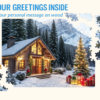 Wooden jigsaw puzzle with a winter cabin scene and customizable greeting message, featuring a Christmas tree, snow-covered forest, and gift boxes.