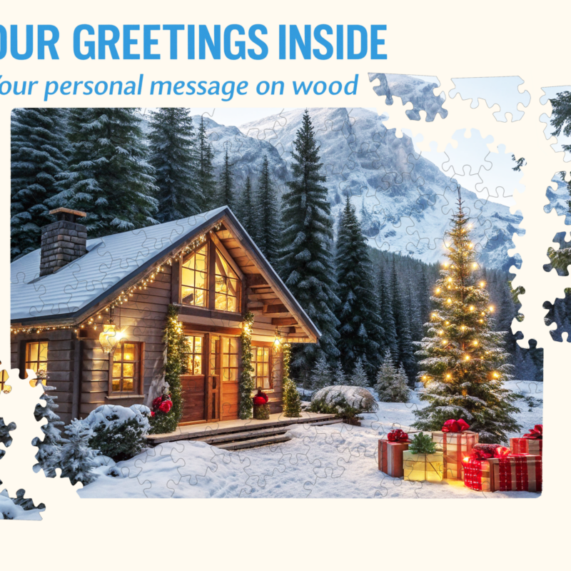 Wooden jigsaw puzzle with a winter cabin scene and customizable greeting message, featuring a Christmas tree, snow-covered forest, and gift boxes.