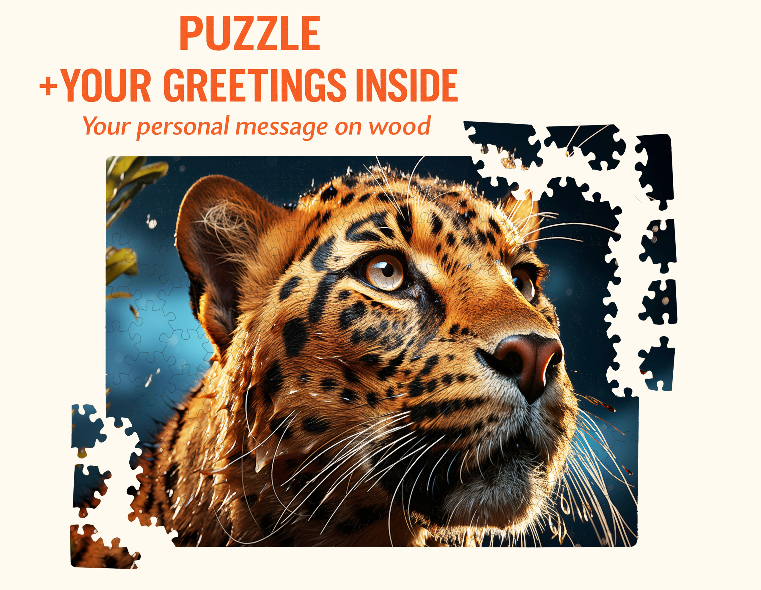 Wooden leopard puzzle with vivid artwork and visible puzzle pieces, featuring a personalized greeting engraved on wood.