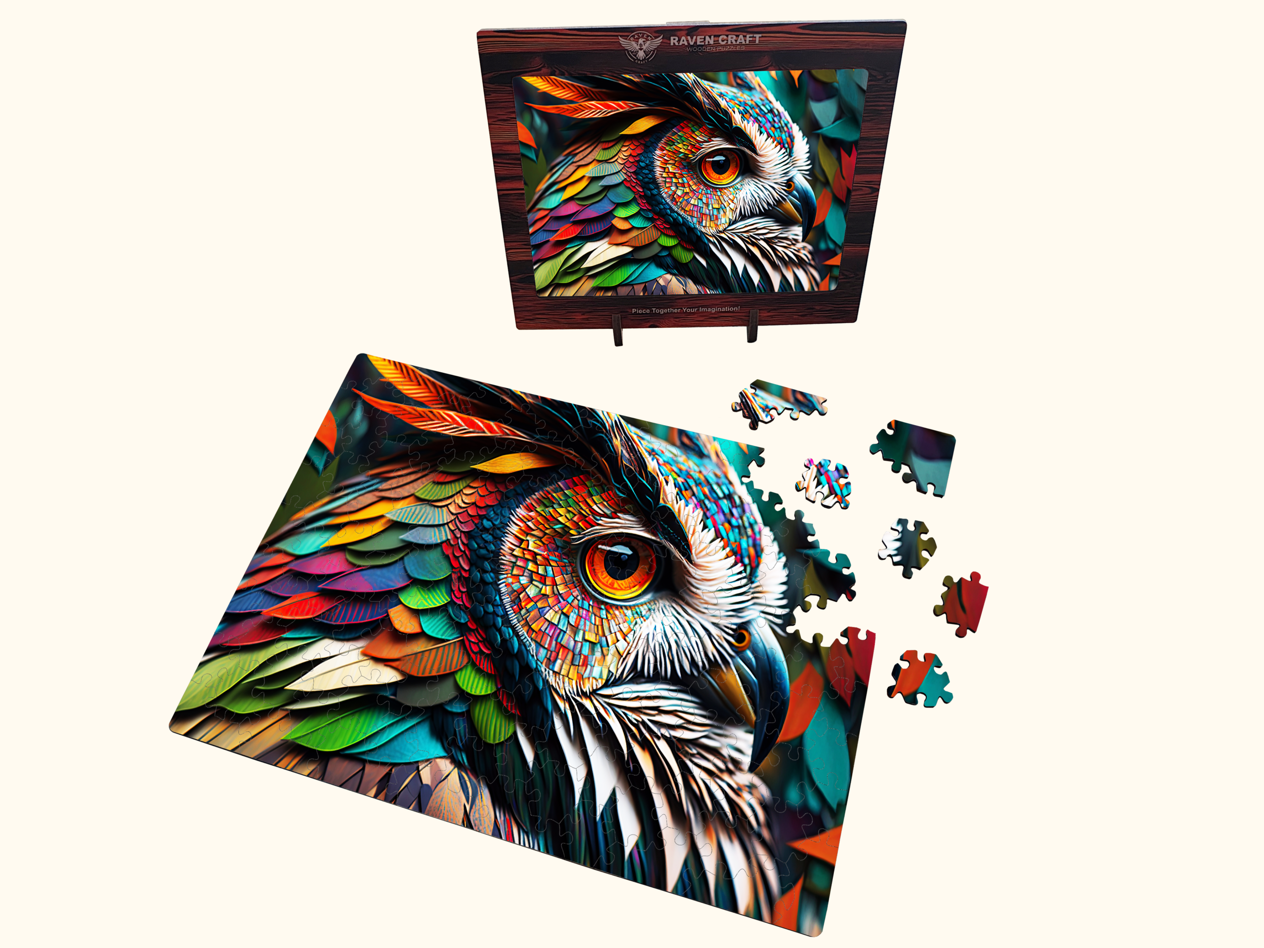 Wooden owl puzzle partially assembled with colorful artwork, loose laser-cut pieces beside it, and a framed wooden display box shown above.