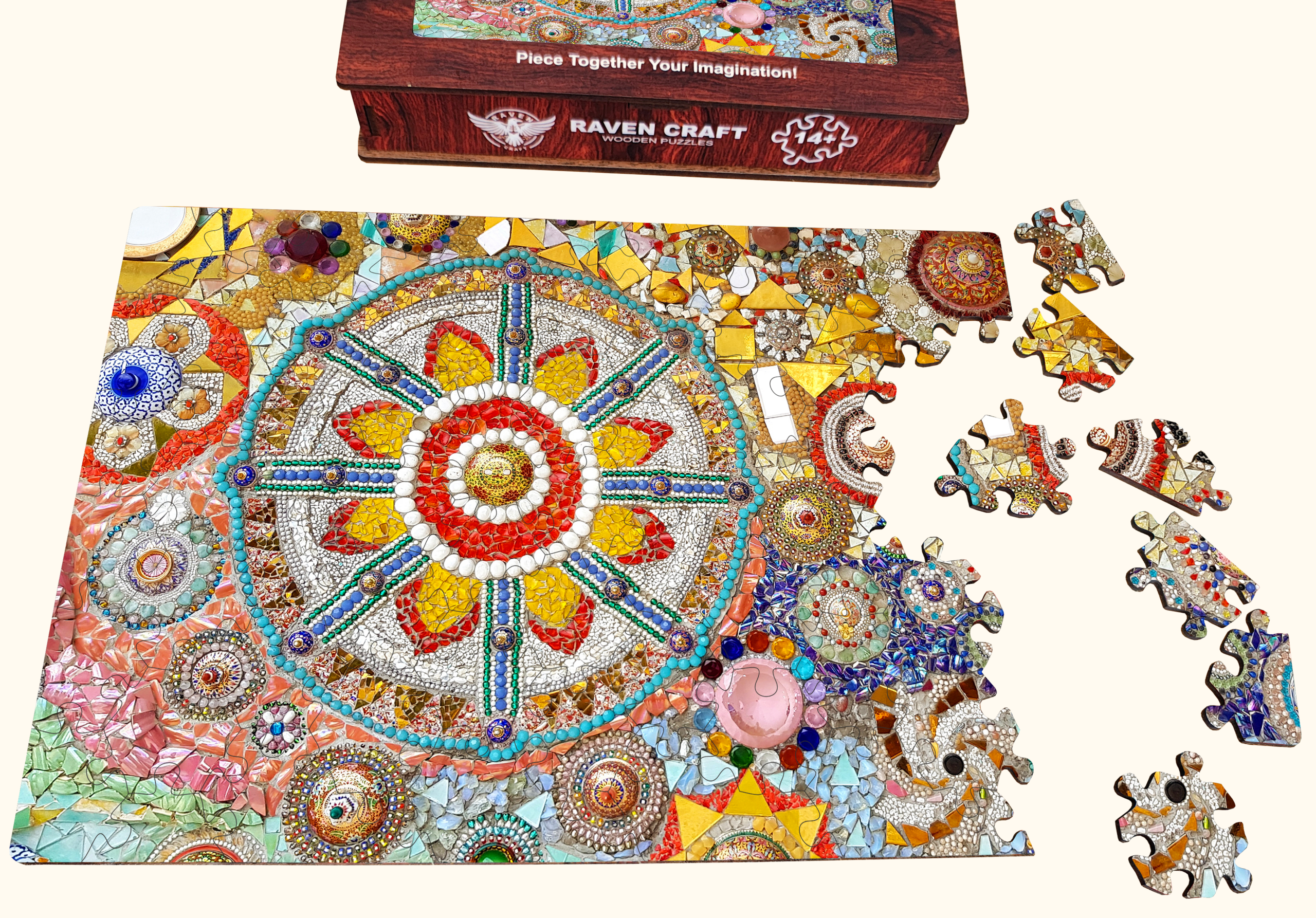Close-up of a wooden jigsaw puzzle with a colorful mosaic mandala design, showing precise laser-cut details, loose wooden pieces, and the puzzle box above.