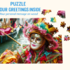 Wooden jigsaw puzzle with a colorful Venetian carnival mask and scattered pieces, featuring text highlighting a personalized greeting message engraved on wood.