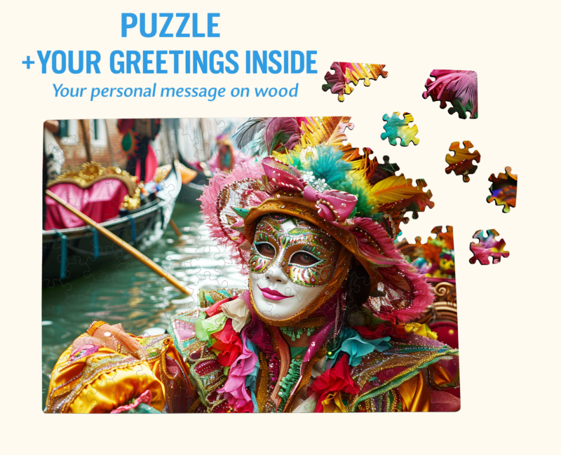 Wooden jigsaw puzzle with a colorful Venetian carnival mask and scattered pieces, featuring text highlighting a personalized greeting message engraved on wood.