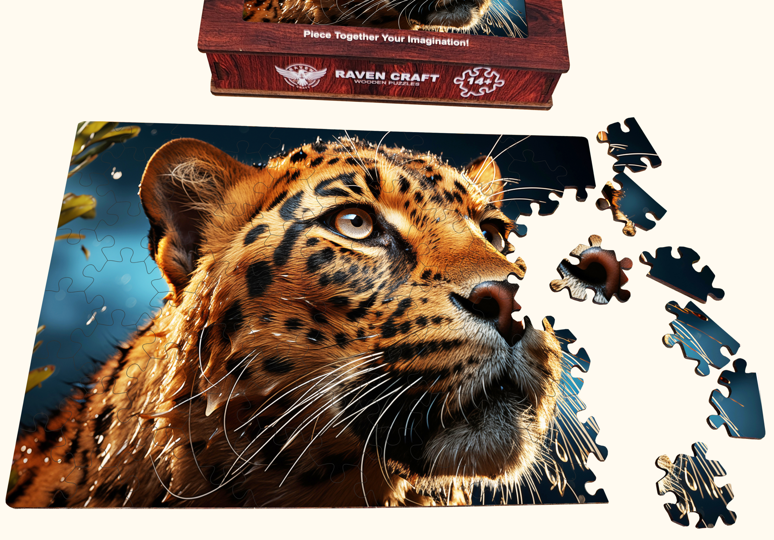 Partially assembled wooden leopard puzzle with realistic artwork, loose precision-cut pieces on the side, and a branded wooden gift box visible above.