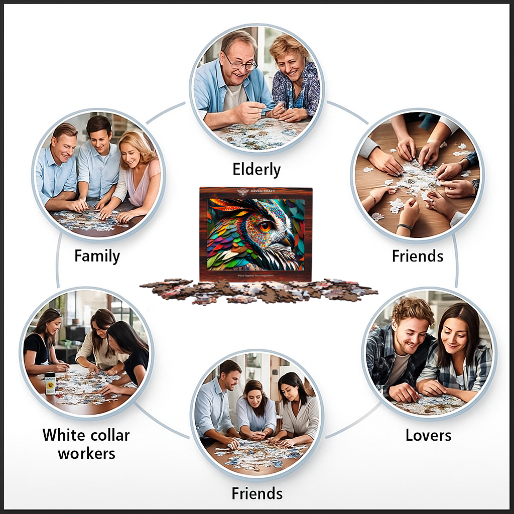 Wooden owl puzzle shown as a group activity for different people, including family, elderly, friends, couples, and coworkers assembling a puzzle together.