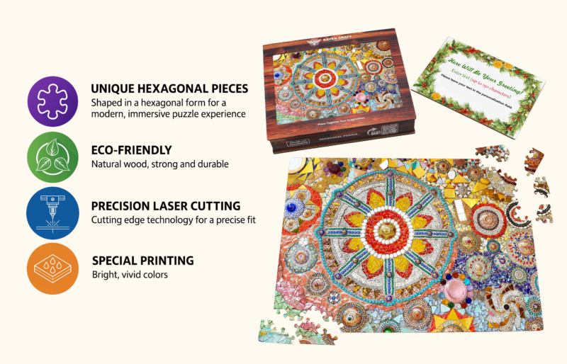 Wooden hexagonal jigsaw puzzle with a colorful mosaic mandala design, showing the puzzle box, assembled puzzle, loose pieces, a personalized greeting card, and icons highlighting eco-friendly materials and precision laser cutting.