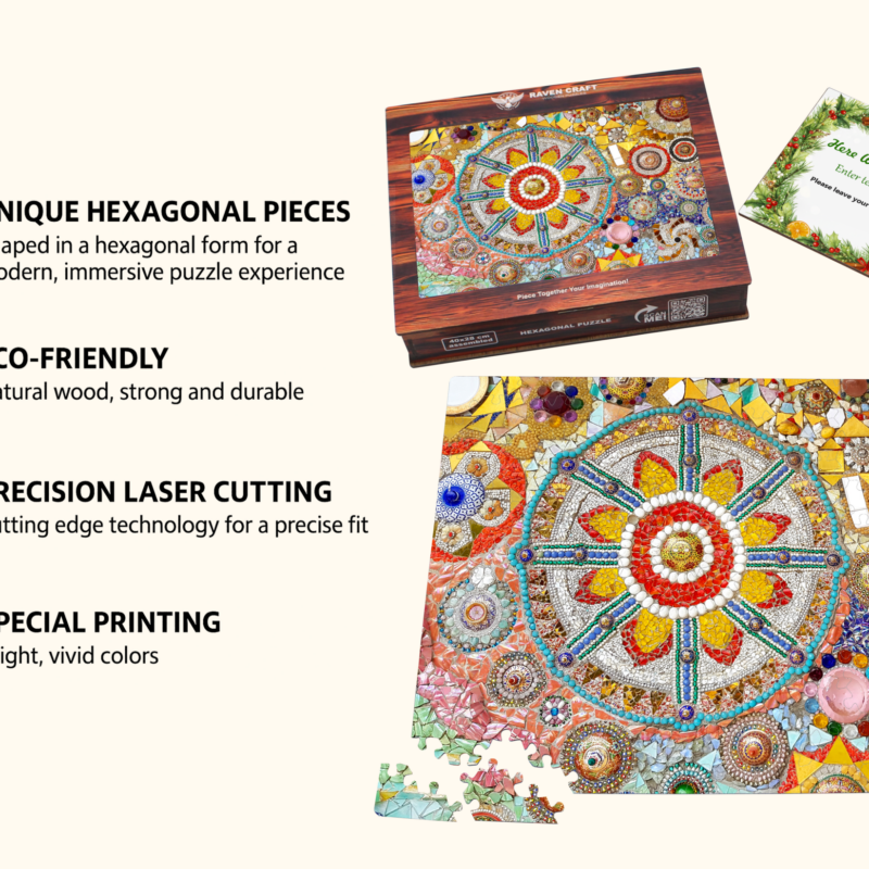 Wooden hexagonal jigsaw puzzle with a colorful mosaic mandala design, showing the puzzle box, assembled puzzle, loose pieces, a personalized greeting card, and icons highlighting eco-friendly materials and precision laser cutting.