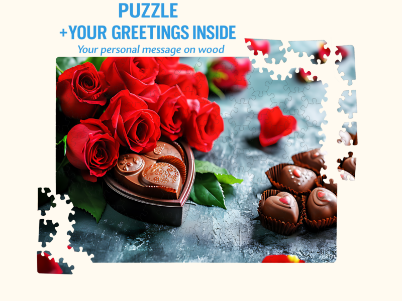 Valentine’s Day wooden jigsaw puzzle with red roses and heart-shaped chocolates, featuring text “Puzzle + Your Greetings Inside” and scattered puzzle pieces around the image.