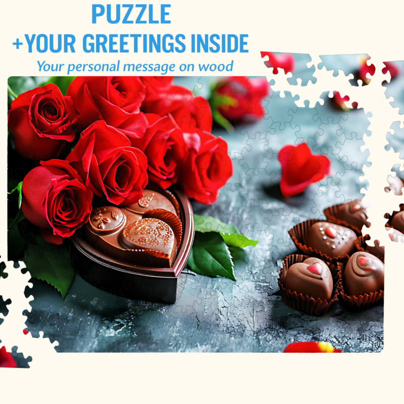 Valentine’s Day wooden jigsaw puzzle with red roses and heart-shaped chocolates, featuring text “Puzzle + Your Greetings Inside” and scattered puzzle pieces around the image.