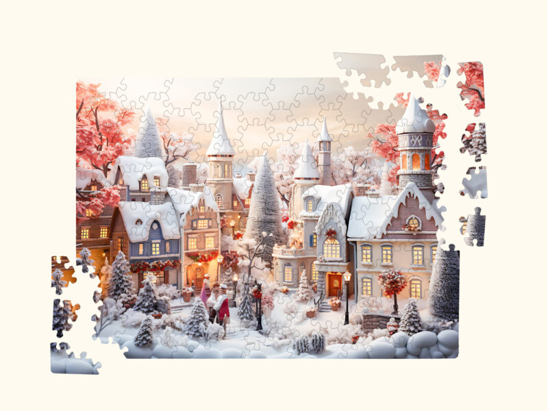 Wooden puzzle with a snowy winter village scene, partially assembled with several missing pieces around the edges.