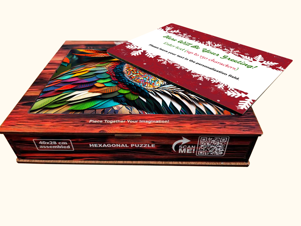 Wooden hexagonal puzzle gift box with colorful owl artwork and a personalized greeting card placed on top.