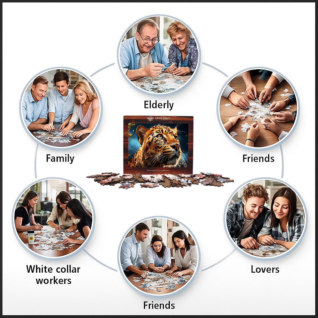 Wooden leopard puzzle shown as a shared activity for different groups, including family, elderly people, friends, couples, and coworkers assembling puzzles together.