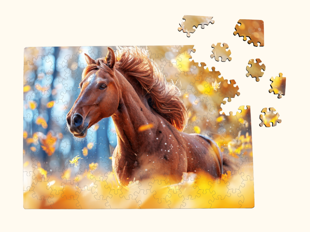 Partially assembled wooden horse puzzle with scattered pieces, featuring a vivid autumn forest scene and warm golden tones.