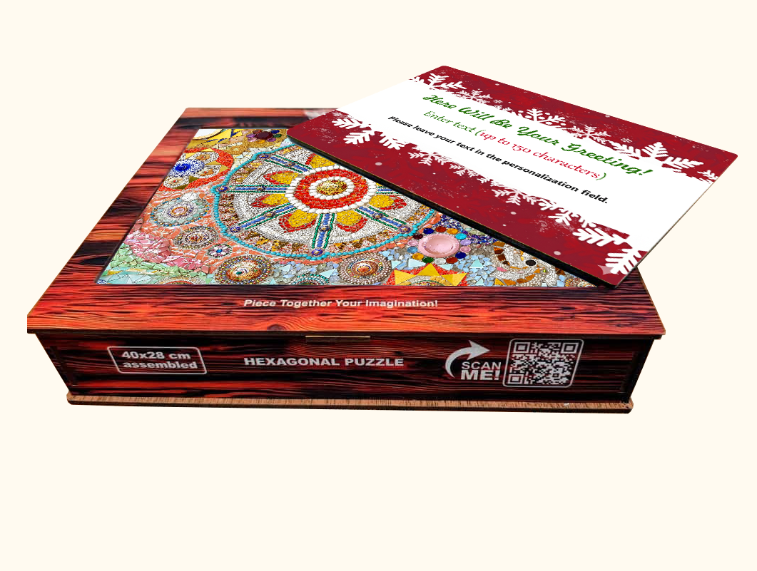 Wooden puzzle box with a colorful mosaic mandala design, shown with a holiday-themed personalized wooden greeting card placed on top.