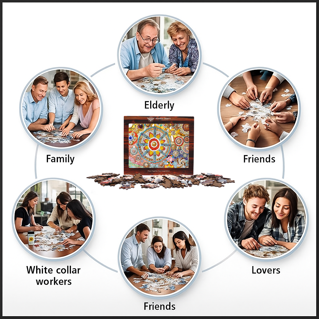 People of different groups—elderly couples, families, friends, coworkers, and couples—assembling a wooden jigsaw puzzle together, shown around a central mosaic mandala puzzle box and wooden pieces.