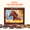 Wooden horse puzzle gift box with scattered wooden pieces and text highlighting a personalized greeting message inside.
