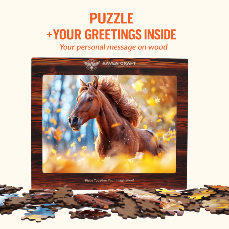 Wooden horse puzzle gift box with scattered wooden pieces and text highlighting a personalized greeting message inside.