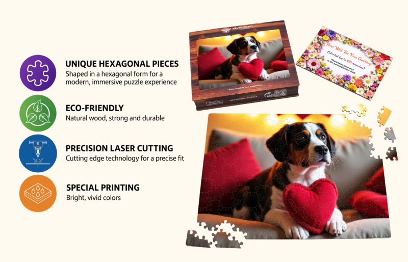 Wooden jigsaw puzzle gift set with hexagonal pieces, eco-friendly natural wood, precision laser cutting, vivid printing, a puppy-with-heart design, premium box, and personalized greeting card.