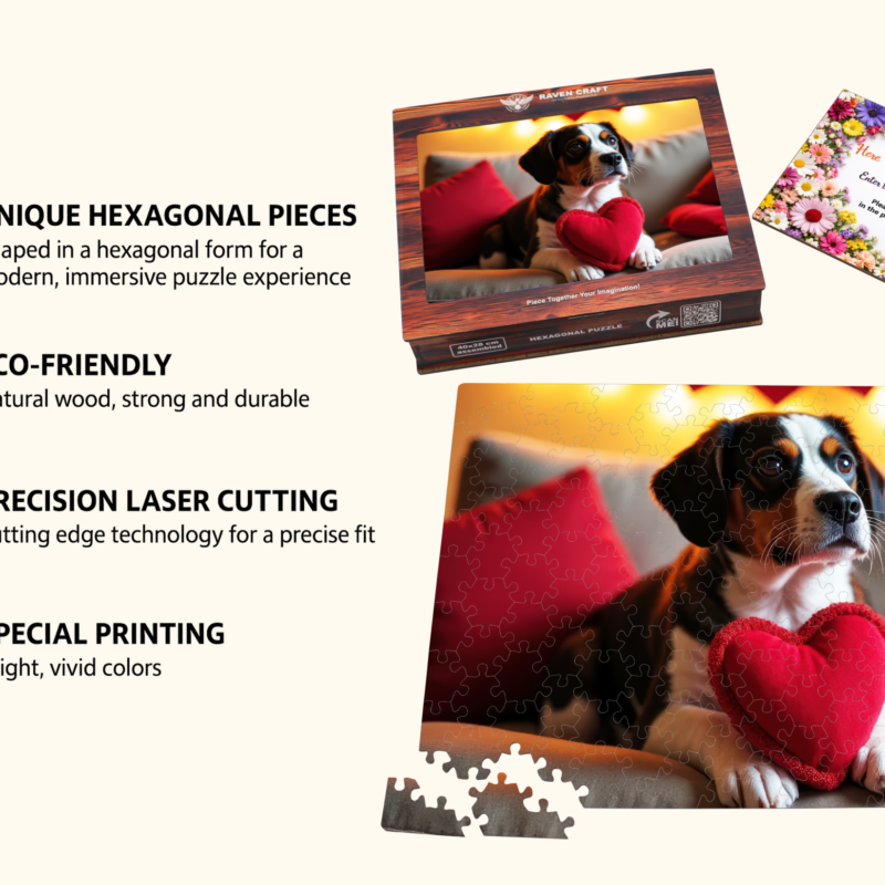 Wooden jigsaw puzzle gift set with hexagonal pieces, eco-friendly natural wood, precision laser cutting, vivid printing, a puppy-with-heart design, premium box, and personalized greeting card.