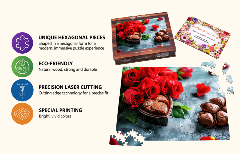 Valentine’s Day wooden jigsaw puzzle with red roses and heart-shaped chocolates, shown with gift box, personalized greeting card, hexagonal pieces, and icons highlighting eco-friendly materials and laser cutting.