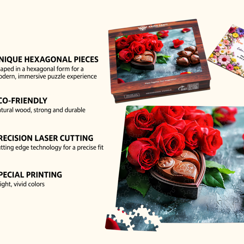 Valentine’s Day wooden jigsaw puzzle with red roses and heart-shaped chocolates, shown with gift box, personalized greeting card, hexagonal pieces, and icons highlighting eco-friendly materials and laser cutting.
